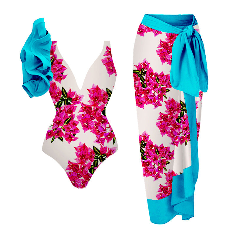 2023 Women's Ruffle Trim Dragonfly Print Swimsuit Set