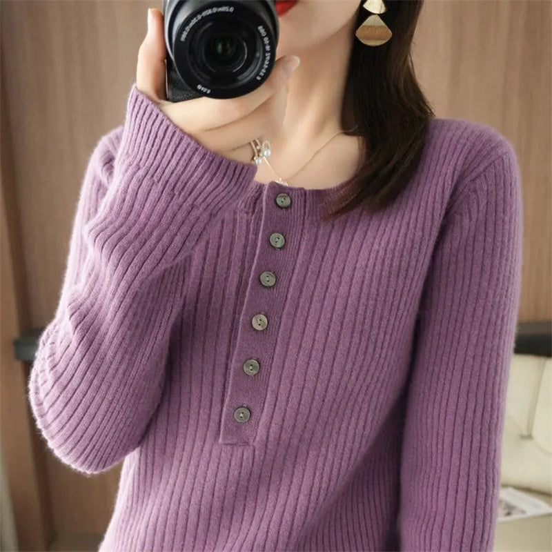 Korean O-neck Warm Sweater for Women - Slim Fit Tops
