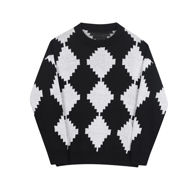 Black and White Rhomboid Knit Round Neck Sweater