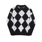Black and White Rhomboid Knit Round Neck Sweater
