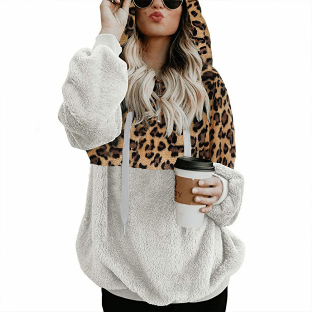 Sexy Leopard Print Wool Coat with Zipper Pockets