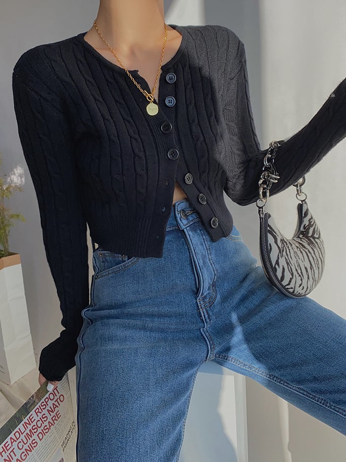 Retro High Waist Long Sleeve Sweater Cardigan