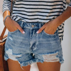 High-Waisted Ripped Denim Shorts with Pockets for Women