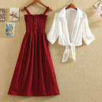 Korean Retro Summer Suit with Shawl Cardigan (Two-Piece)