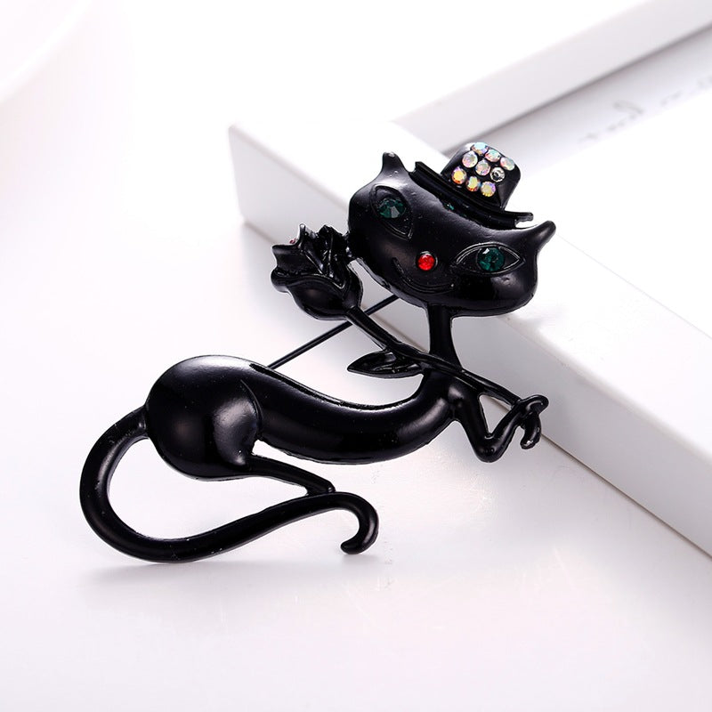 Korean Black Cat Brooch with Rose Design