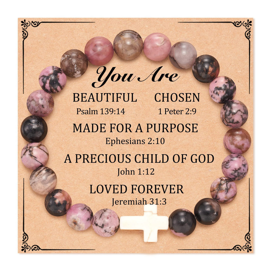 Rhodonite Beaded Cross Bracelet with Faith Message Card
