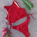Burgundy Lace-Up High-Neck Bikini Set