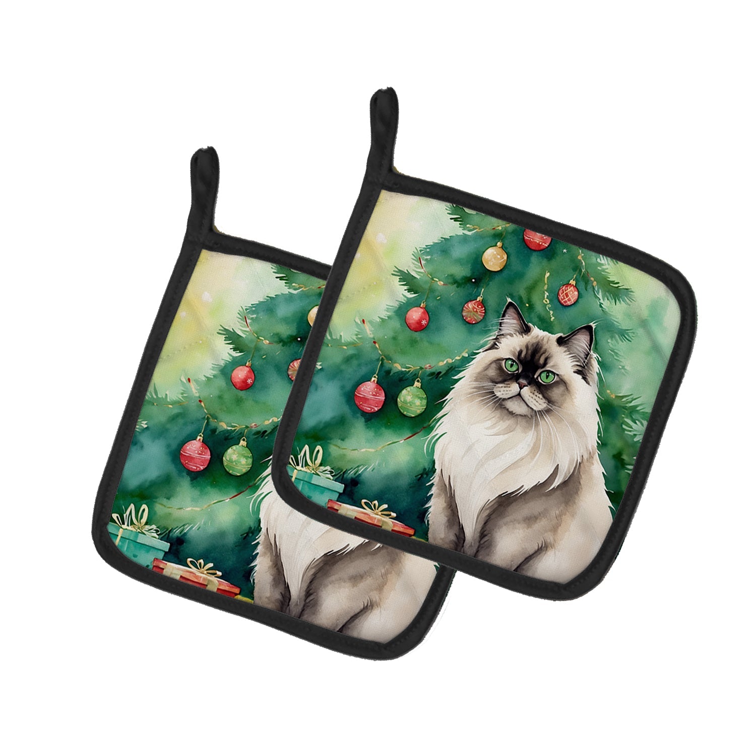 Colorpoint Longhair Cat By the Christmas Tree Pair of Pot Holders