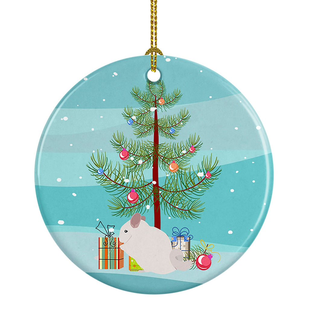 Pink and White Chinchilla Merry Christmas Ceramic Ornament