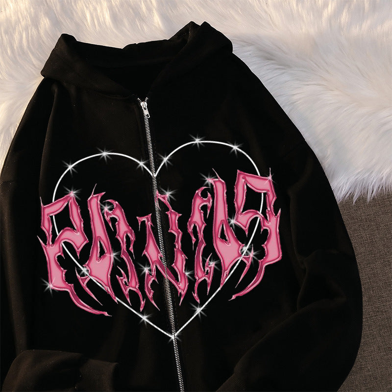 Y2K Oversized Hoodie with Graffiti Heart Print for Women | Streetwear