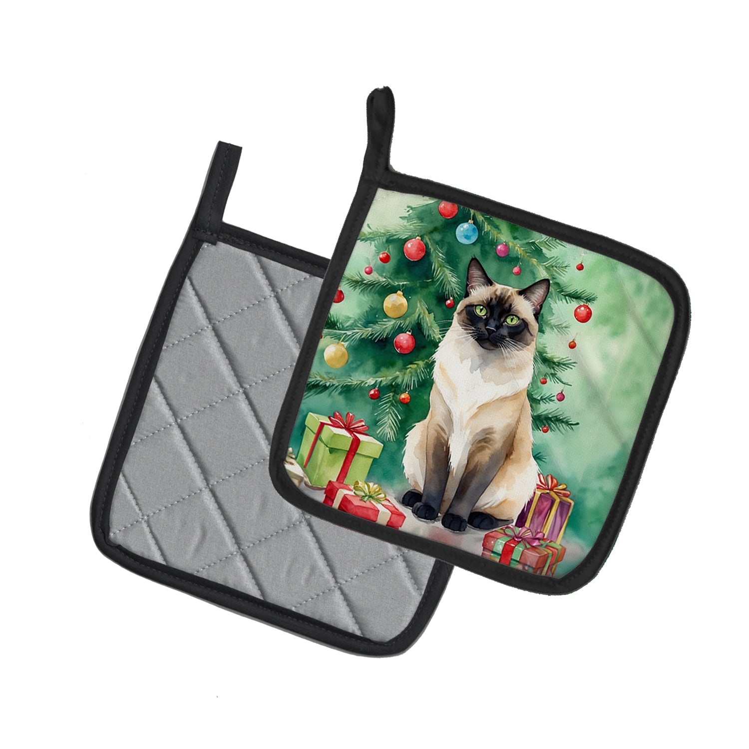 Birman Cat By the Christmas Tree Pair of Pot Holders
