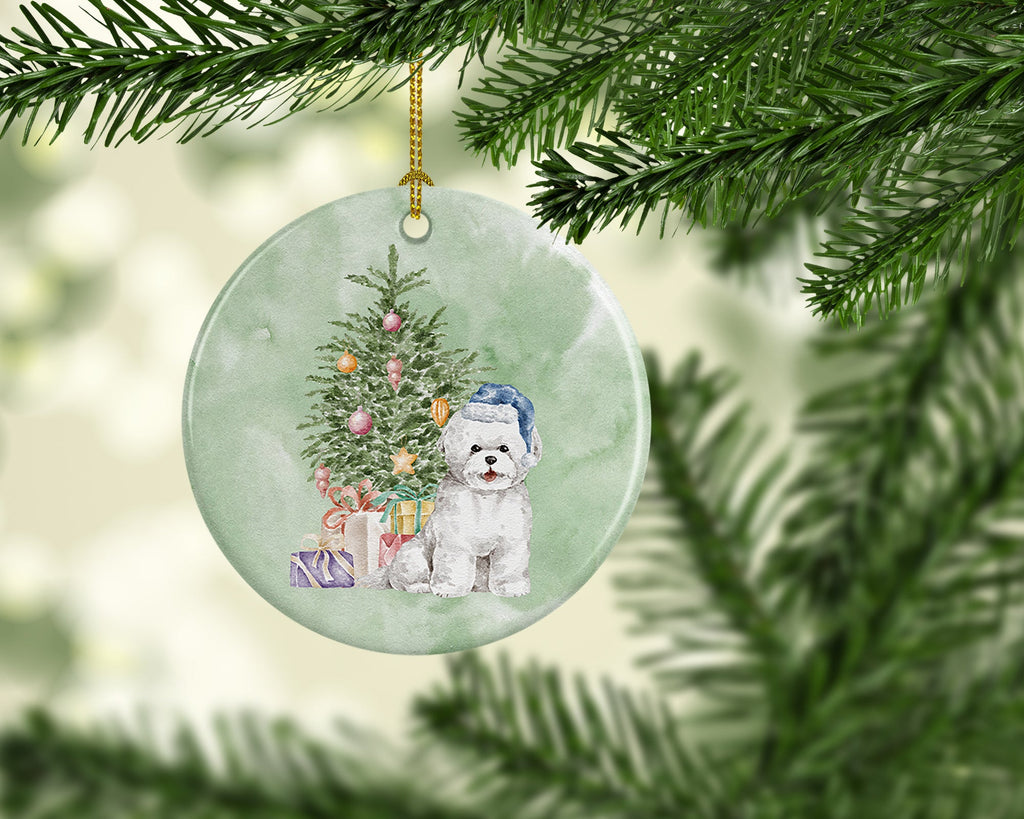 Bichon Frise Blue Hat Christmas Presents and Tree Ceramic Ornament | Embroidered Cap