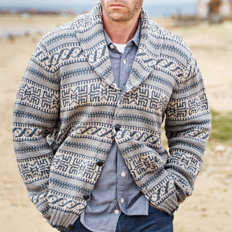 Thick Jacquard Lapel Long Sleeve Wool Coat for Men