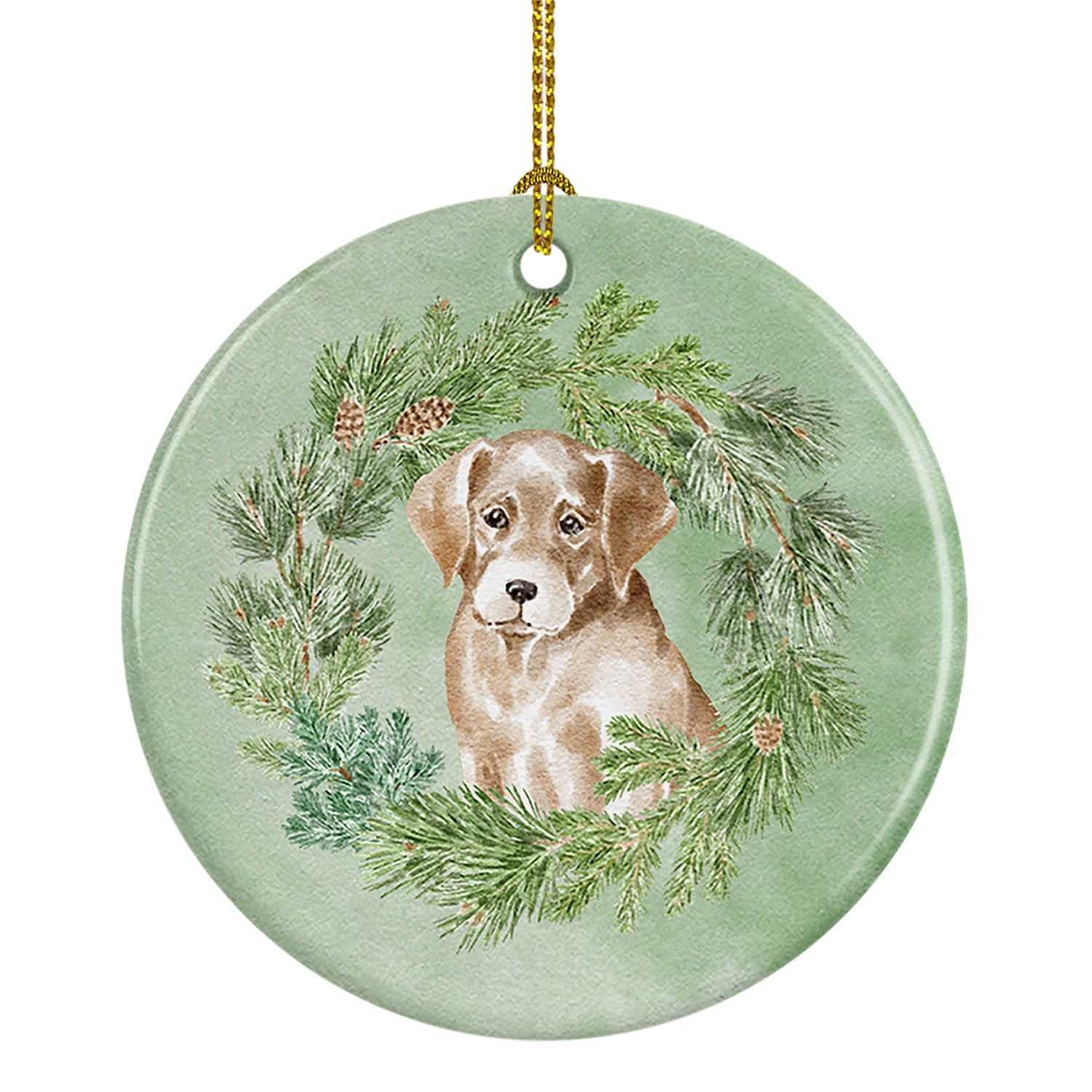 Labrador Retriever Puppy Yellow Christmas Wreath Ceramic Ornament