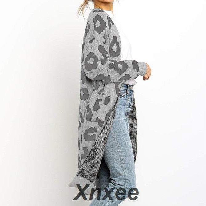 Women's Leopard Knitted Long Sleeve Cardigan Sweater