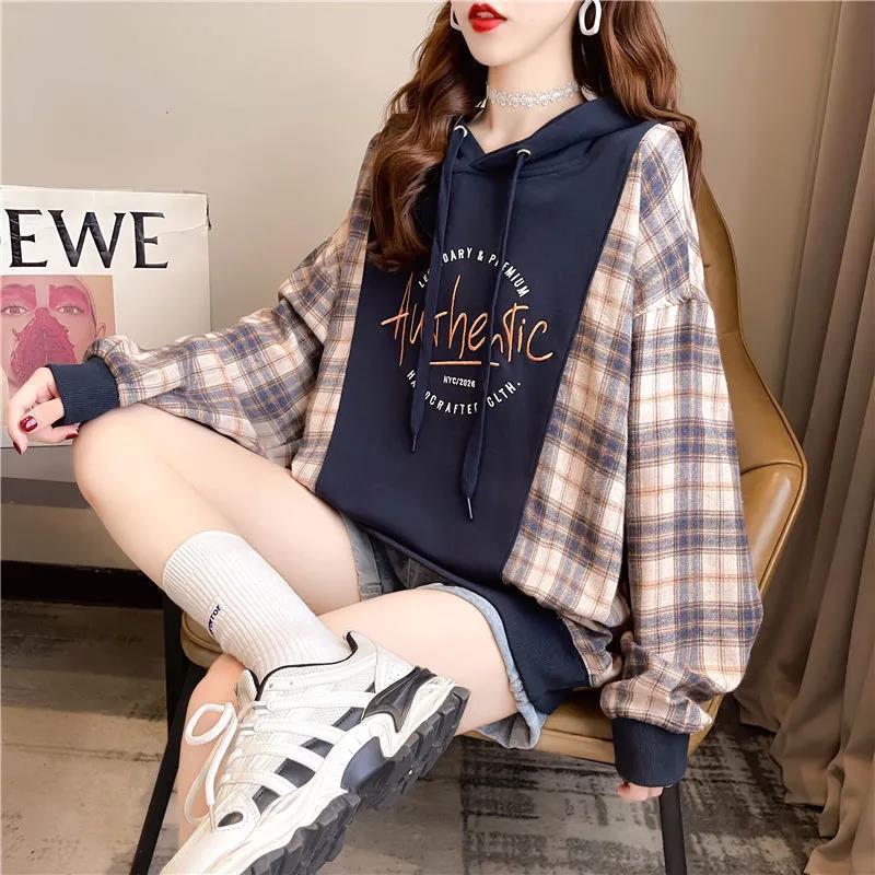 Hooded Sweatshirt with Loose Plaid Stitching for Women | Streetwear