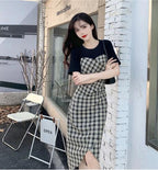 Summer Short Sleeve Splicing Plaid Dress for Women