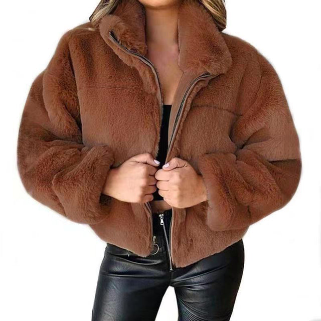Elegant Women's Faux Fur Coat with Zipper and Collar