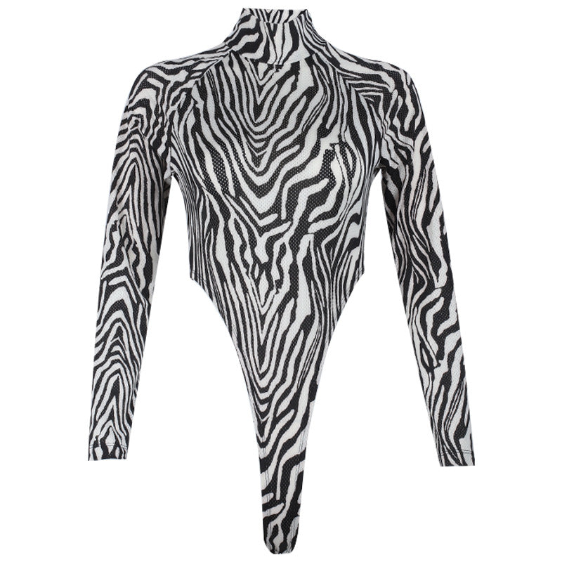 Ins Sexy Zebra Print Bodysuit with High Neck