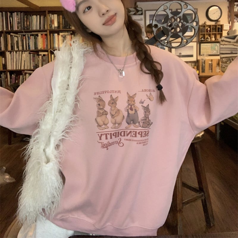 Women's Pink Cute Rabbit Pullover Sweater | Streetwear