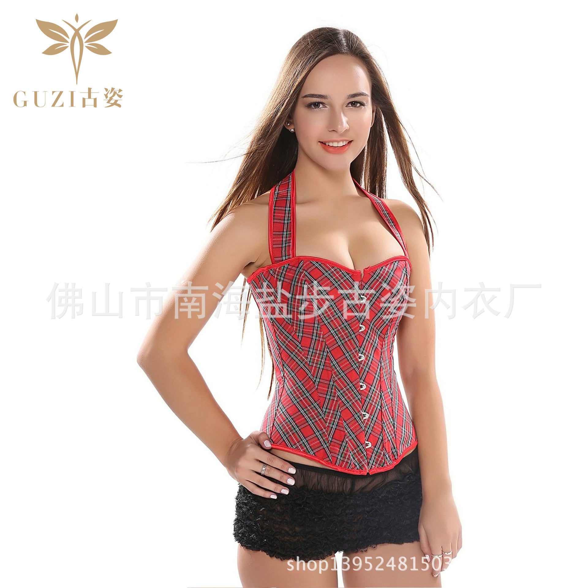 Elegant Red Plaid Corset Bodysuit for Women