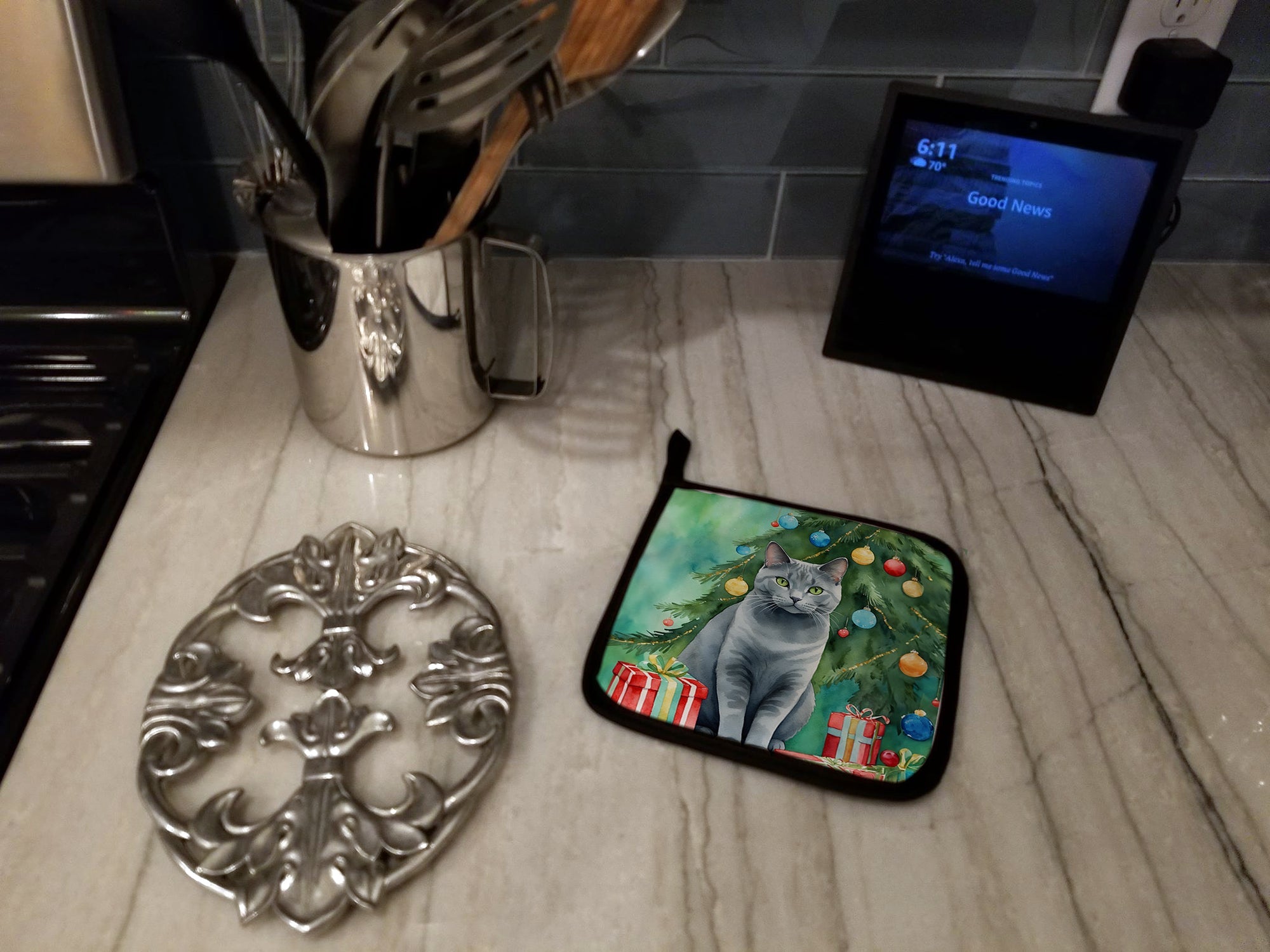 Chartreux Cat By the Christmas Tree Pair of Pot Holders