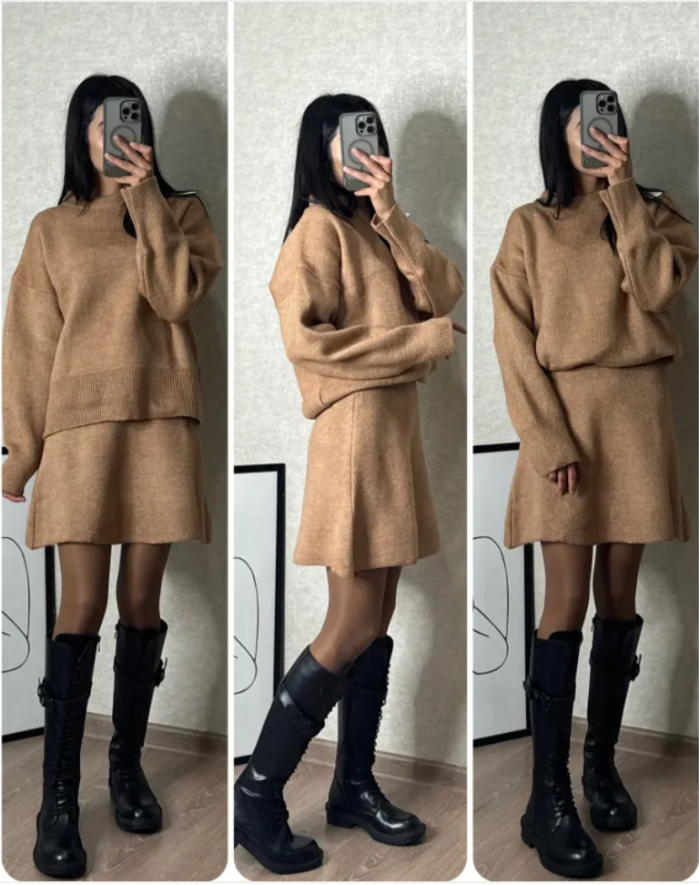 Casual College-Style Knit Skirt Set for Women
