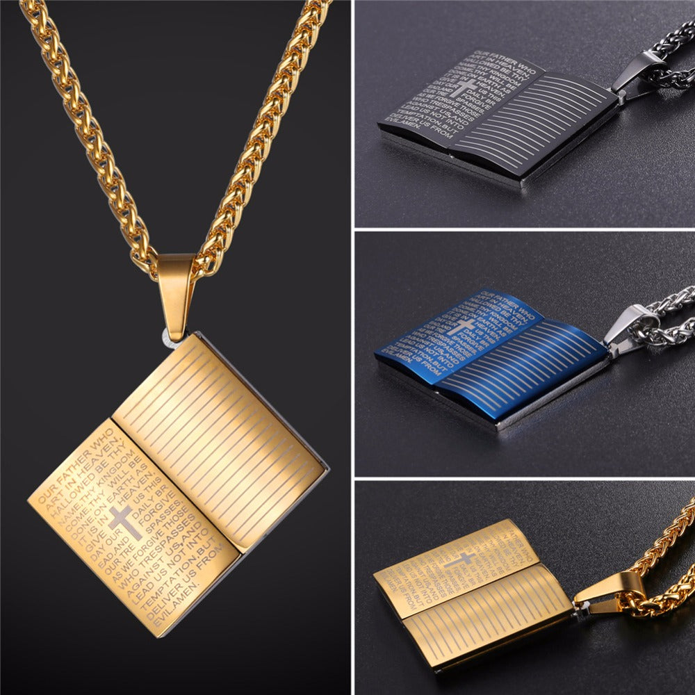 Lord's Prayer Cross Pendant Necklace - Stainless Steel Christian Jewelry