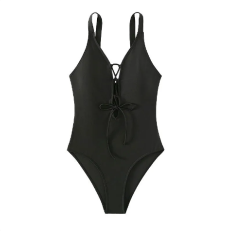 Women's Black Lace-Up Front One-Piece Swimsuit