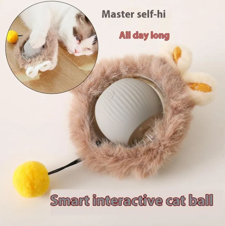 Interactive Cat Toy Automatic Rolling Ball Self-Moving Electric Rotating Ball with Plush Cover and Feather Pompom String for Cats Dogs
