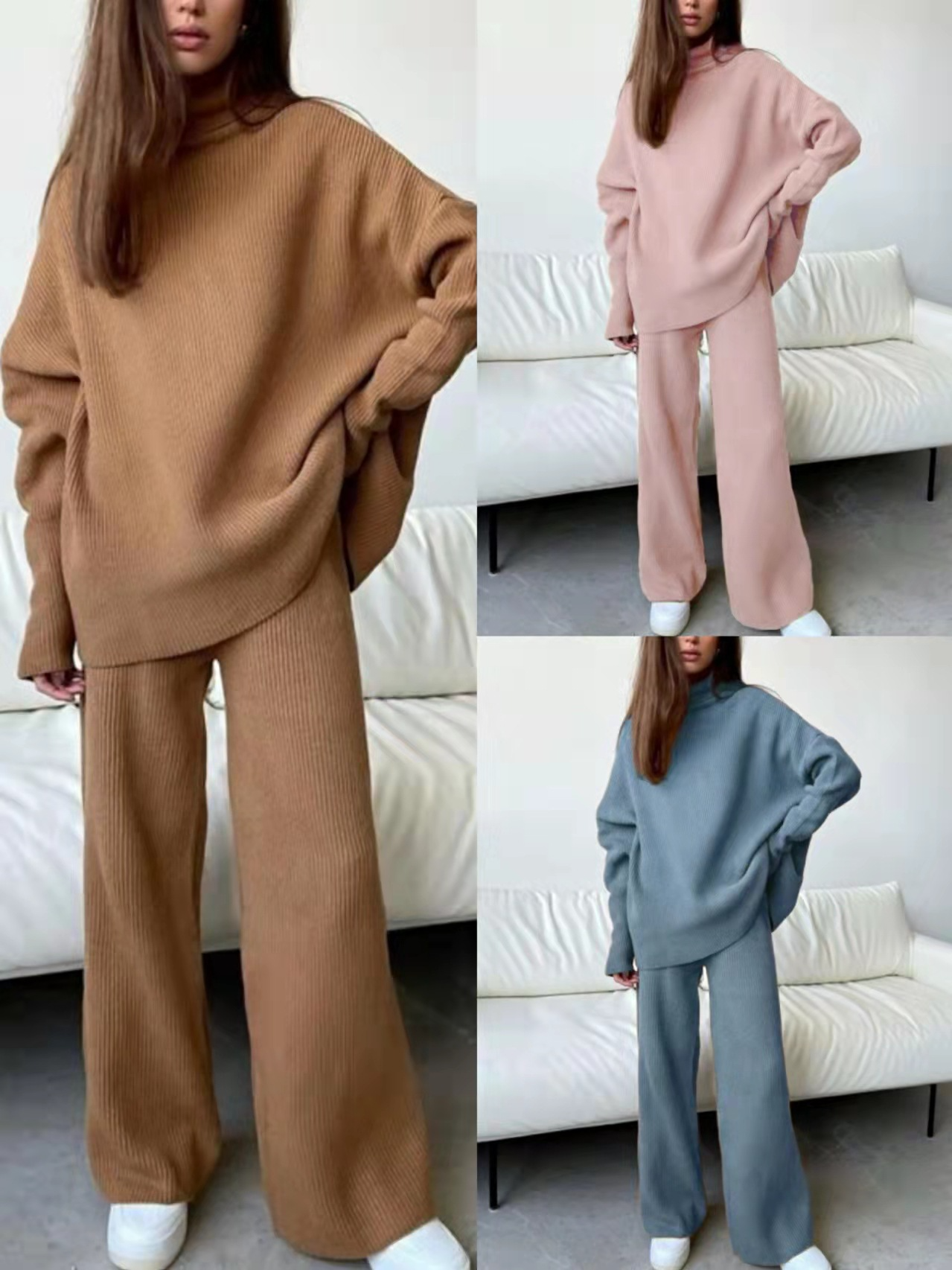 Chic Knit High Collar Wide-Leg Pants Set