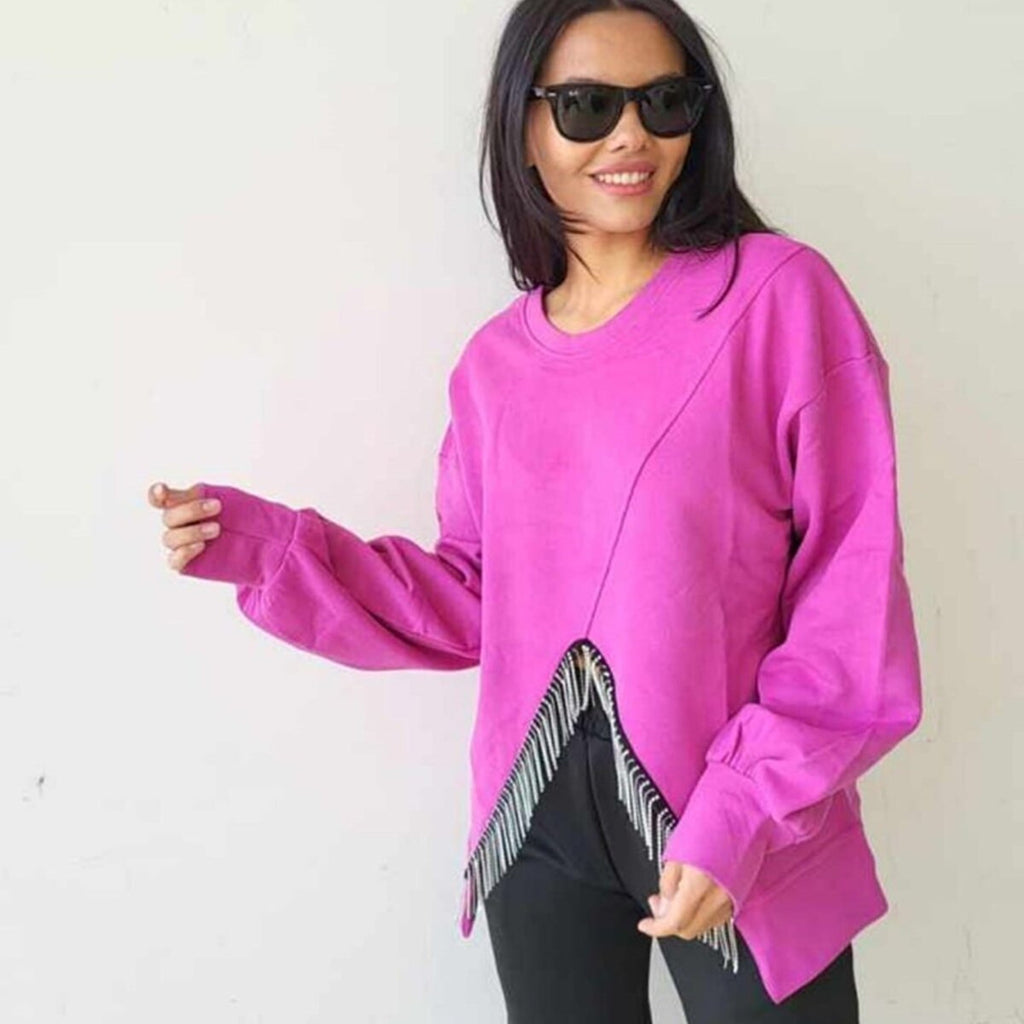 Women's Casual Long Sleeve Split Tassel Sweater Top