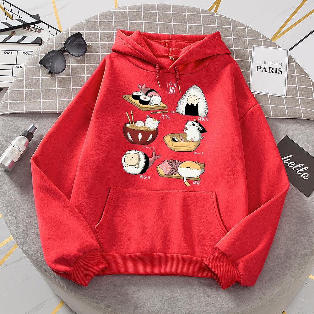Cute Sushi Rice Ball Kitten Hooded Fleece Sweater