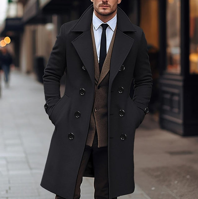 Men's Elegant Long Double-Breasted Wool Coat for Fall/Winter