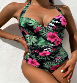 Tropical Print Halter One-Piece Swimsuit