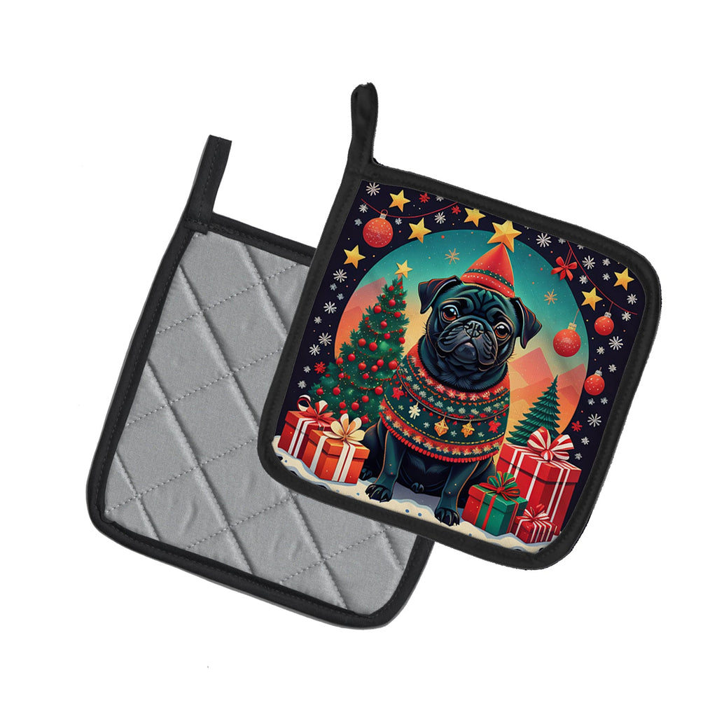 Black Pug Christmas Pair of Pot Holders