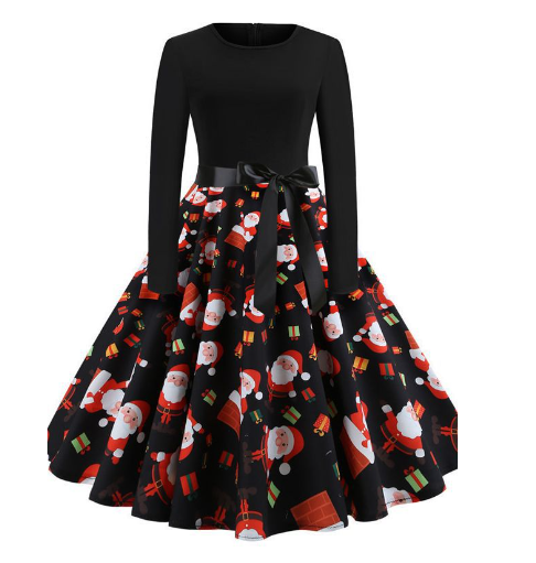 New Vintage Christmas Print Long Sleeve Dress for Women