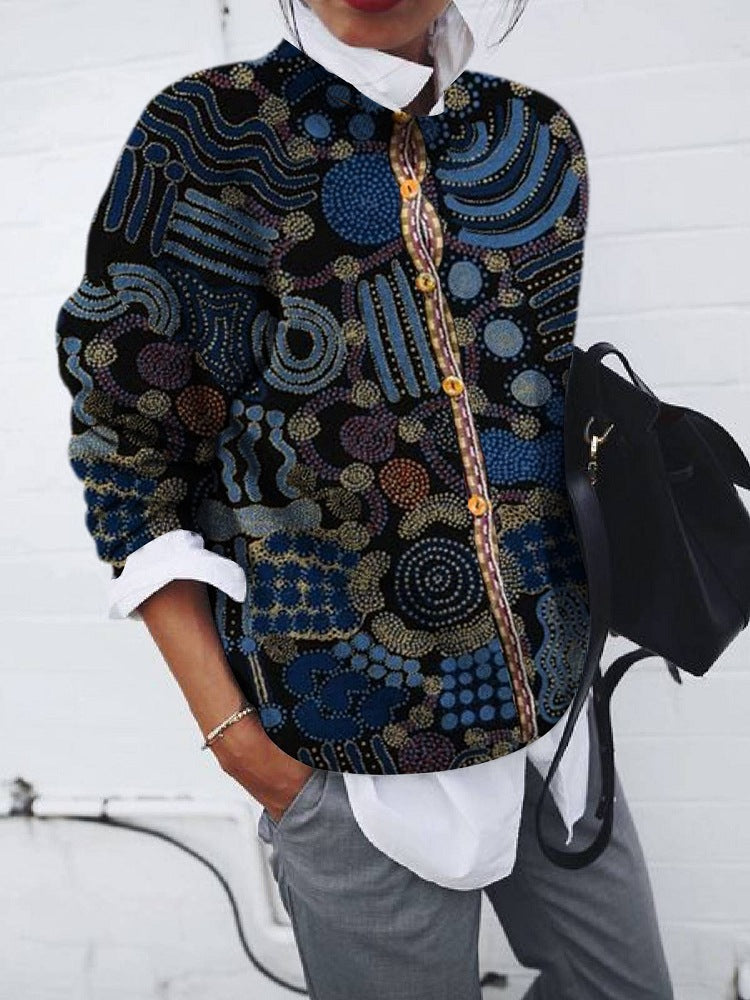 Brushed Geometric Print Long Sleeve Cardigan Top
