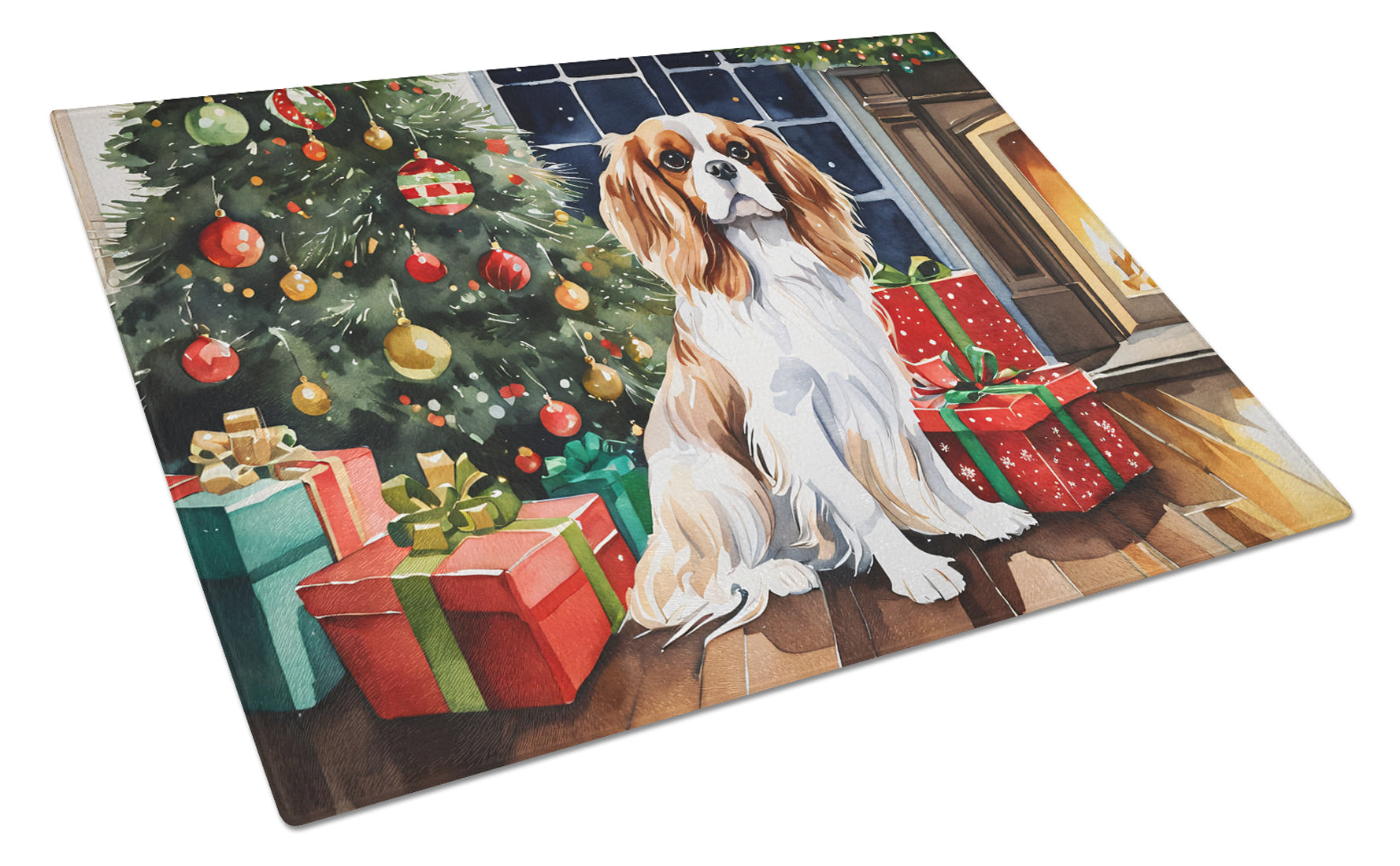 Cavalier Spaniel Cozy Christmas Glass Cutting Board