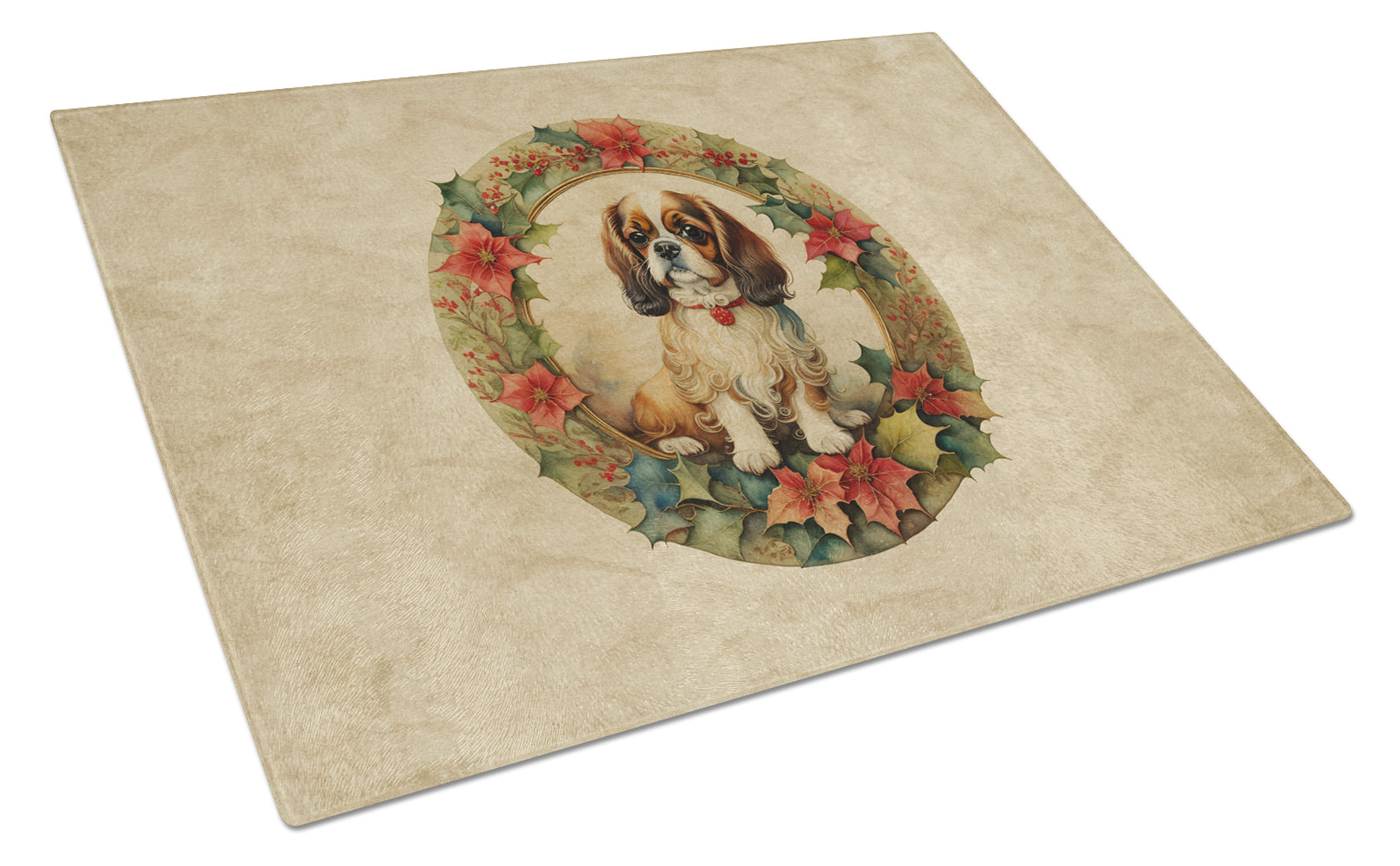 English Toy Spaniel Christmas Flowers Glass Cutting Board