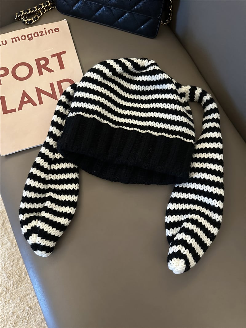 Cute Rabbit Ears Striped Knit Wool Beanie Hat | Embroidered Cap