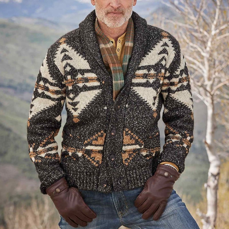 Men's Long Sleeve Lapel Cardigan in Mixed Wool