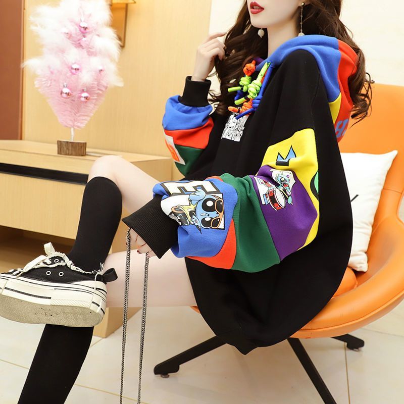 Women's Autumn/Winter Hooded Print Patchwork Hoodie | Streetwear