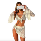 Brown Halter Bikini with Lace Cover-Up and Skirt Set