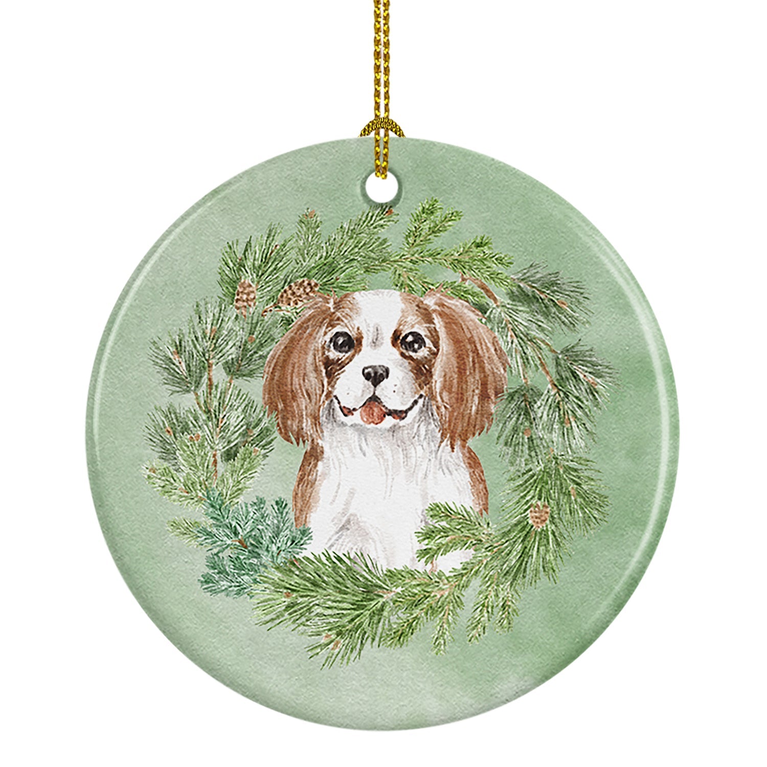 Cavalier Spaniel Blenheim Puppy Smiling Christmas Wreath Ceramic Ornament