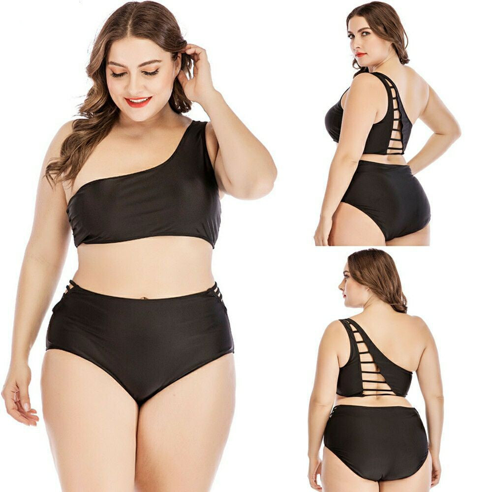 Plus Size High Waist Bikini with Hollow One Shoulder Design