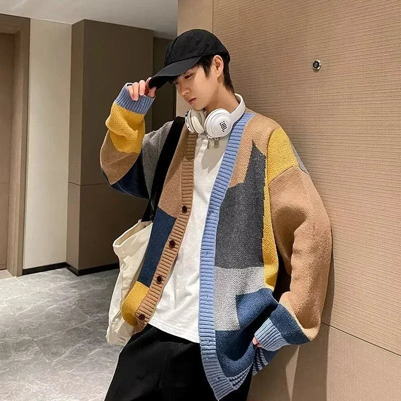 90s Vintage Red V-Neck Knit Sweater for Men