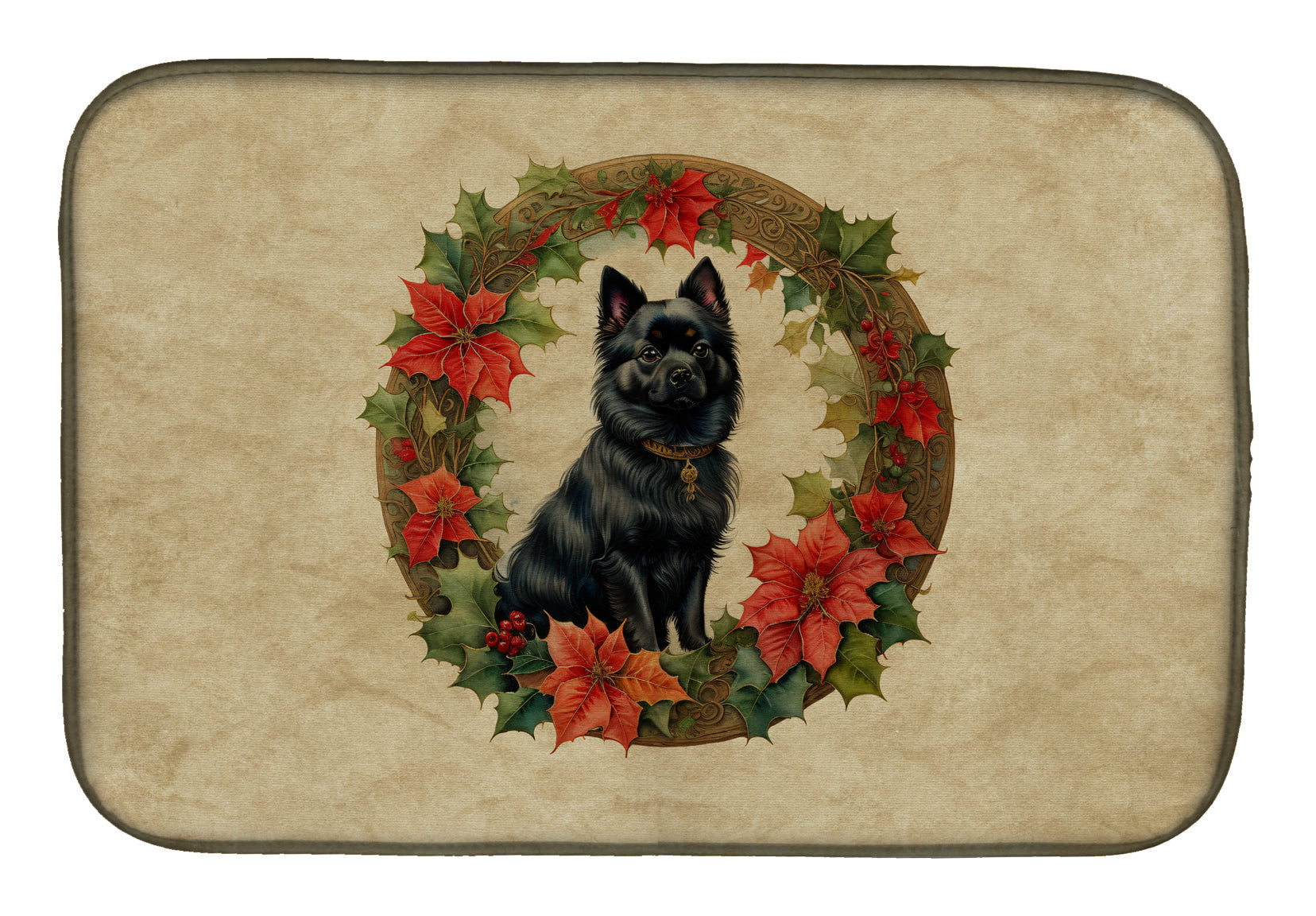 German Spitz Christmas Flowers Dish Drying Mat