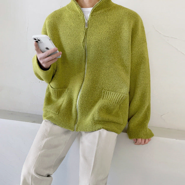 Men's Retro Zipper Cardigan Sweater with Stand Collar