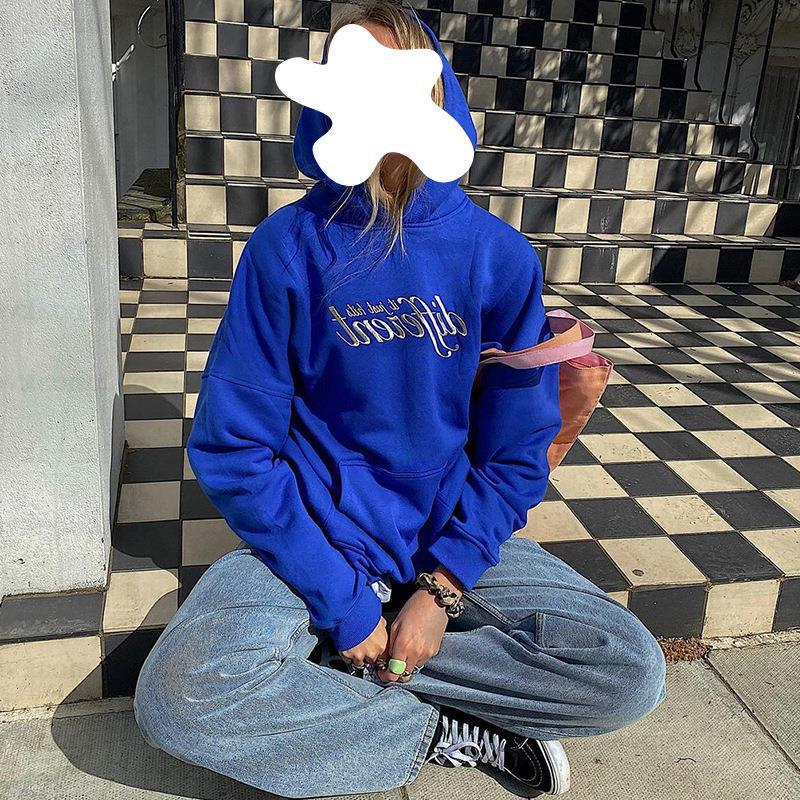Klein Blue Hooded Sweater with Embroidery for Women